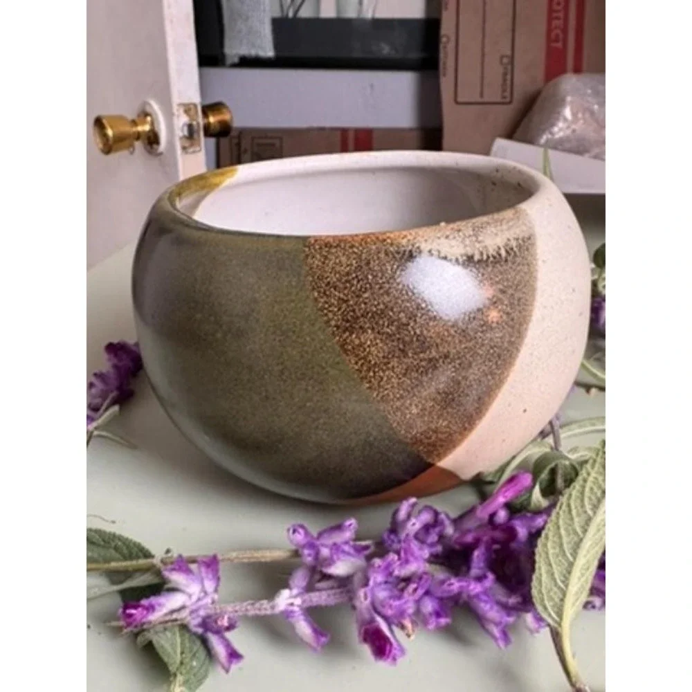 Vintage USA 22‎ Hand-Made Speckled Stoneware Round Bowl Flower Pot Glaze Finish